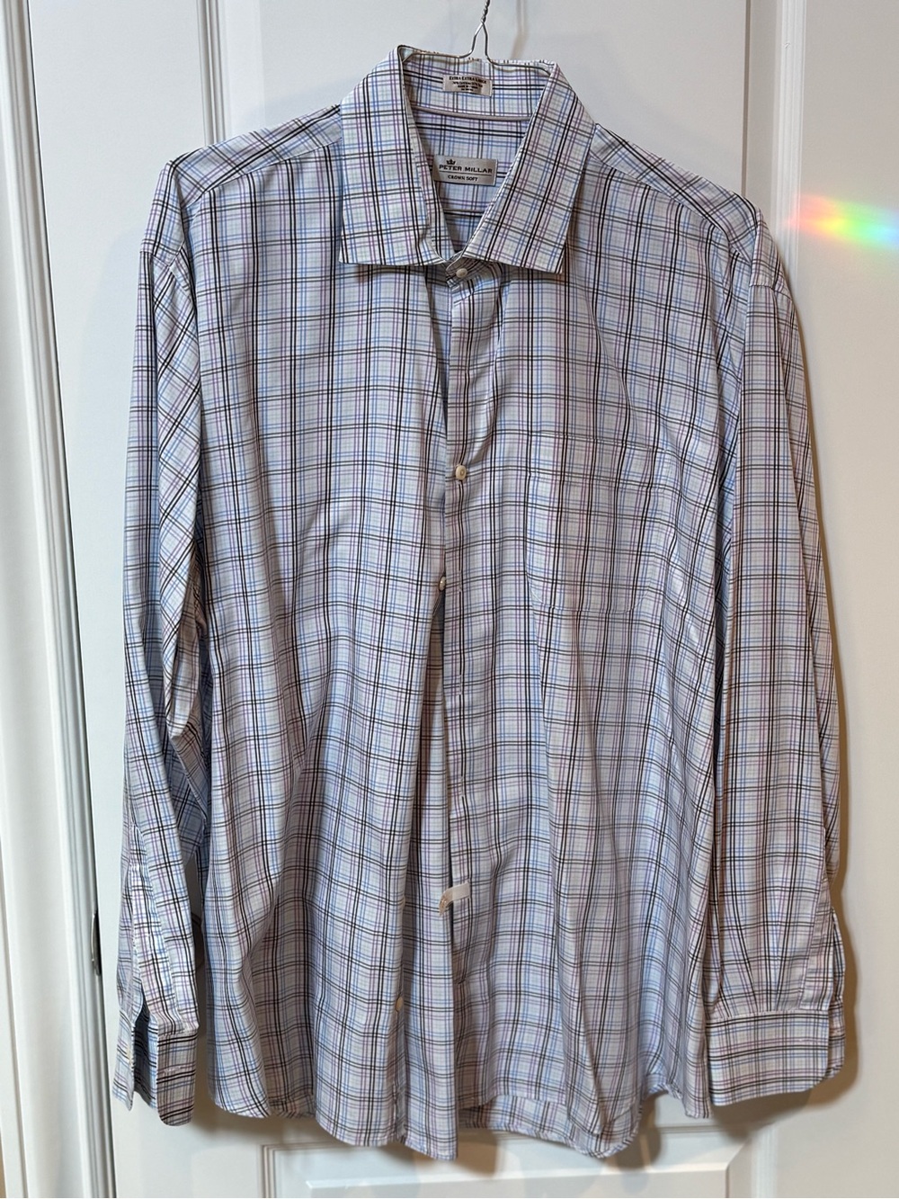 Peter Millar Men's Blue and White Plaid Button-Up Dress Shirt